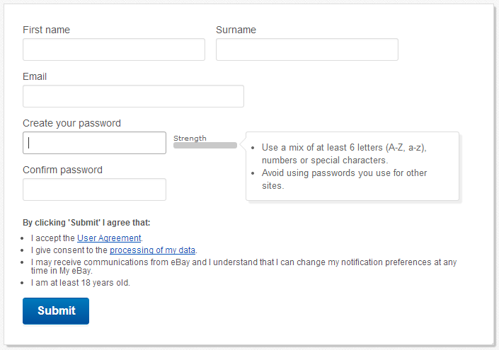 Inline help on eBay's registration form