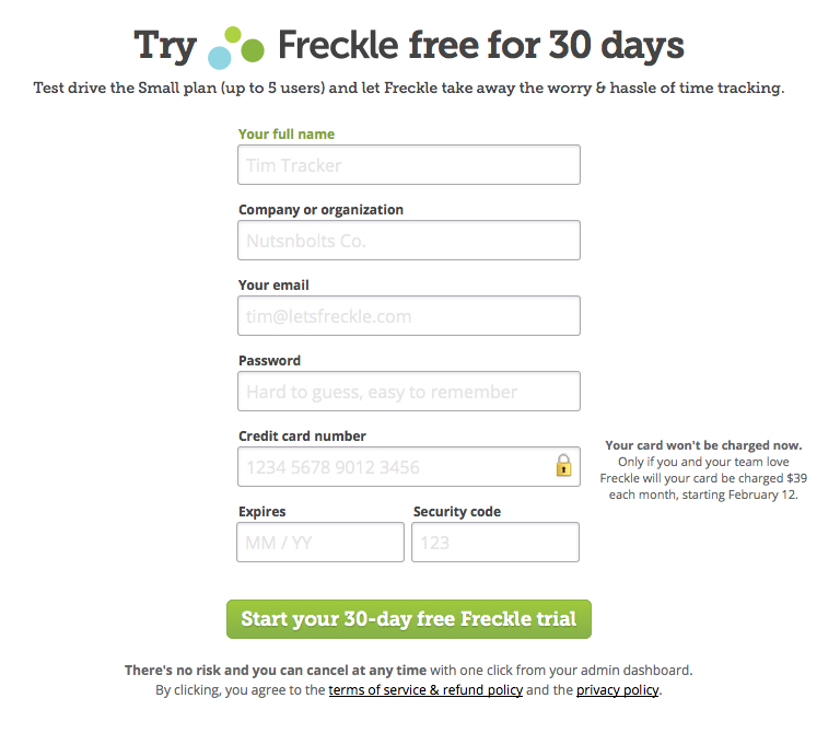 Freckle signup form